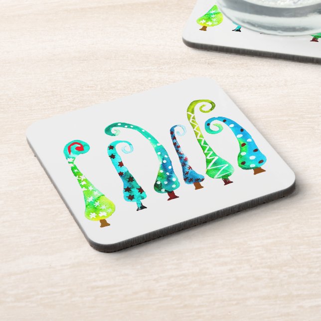 Whimsical watercolor christmas trees beverage coaster (Left Side)