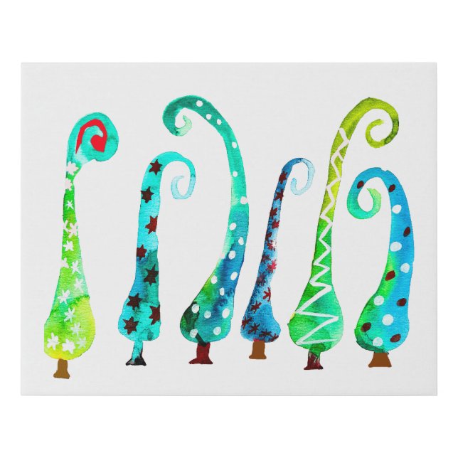 Whimsical watercolor christmas trees faux canvas print (Front)