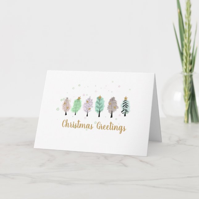 Whimsical Watercolor Christmas Trees Holiday Card (Front)