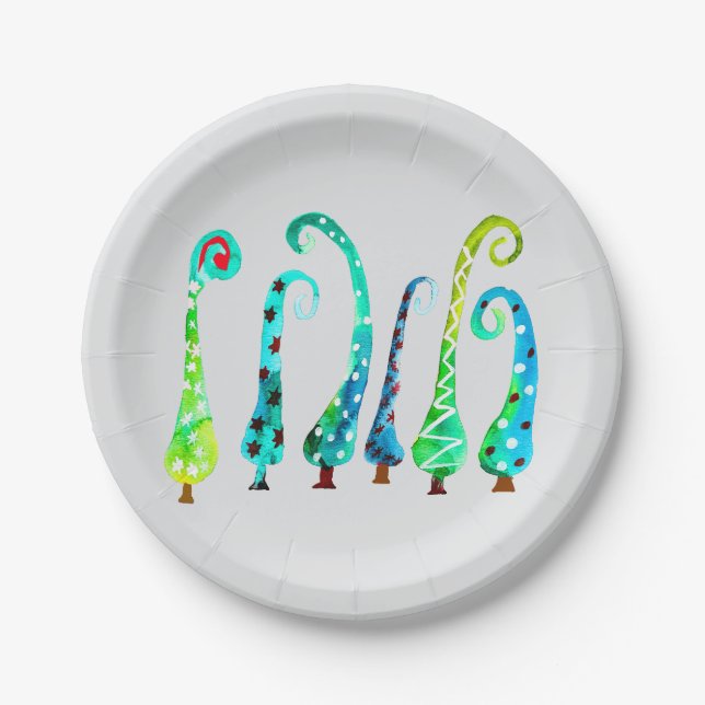Whimsical watercolor christmas trees paper plates (Front)