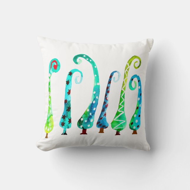 Whimsical watercolor christmas trees throw pillow (Front)