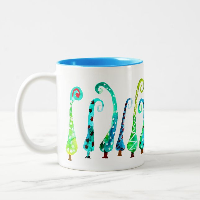 Whimsical watercolor christmas trees Two-Tone coffee mug (Left)