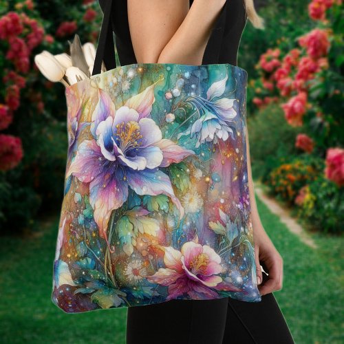 Whimsical Watercolor Colorful Columbine Flowers  Tote Bag