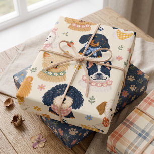 Whimsical Watercolor Dog Portraits Floral Wrapping Paper Sheets