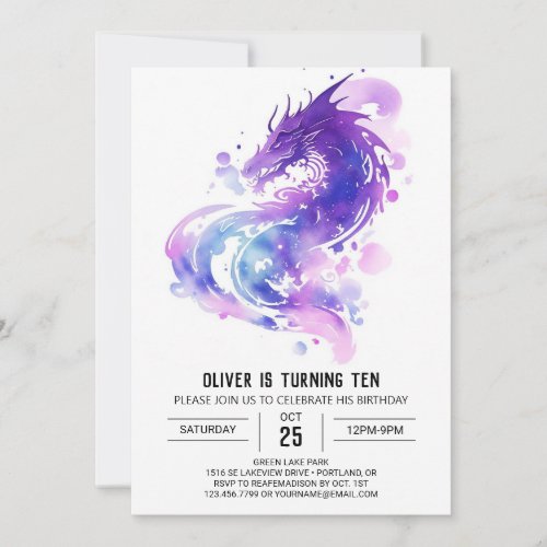 Whimsical Watercolor Dragon Birthday Invitation