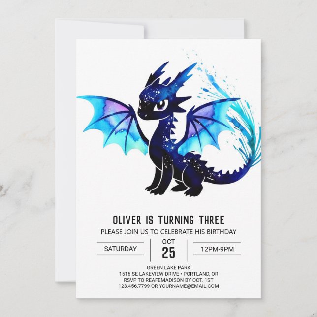 Whimsical Watercolor Dragon Digital Birthday Invitation (Front)
