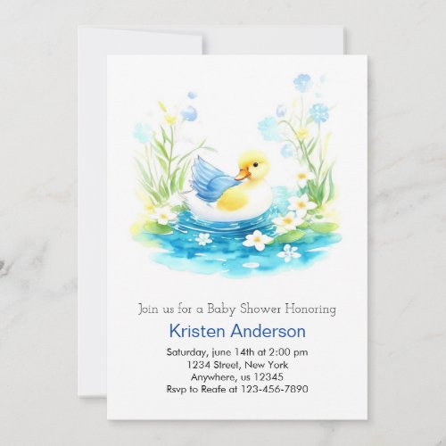 Whimsical Watercolor Duckling Boy Baby Shower Invitation