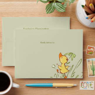 Whimsical Watercolor Ducklings On Sage Green Envelope