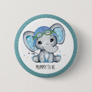 Whimsical Watercolor Elephant Airplane Baby Shower Button
