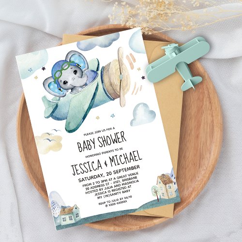 Whimsical Watercolor Elephant Airplane Baby Shower Invitation