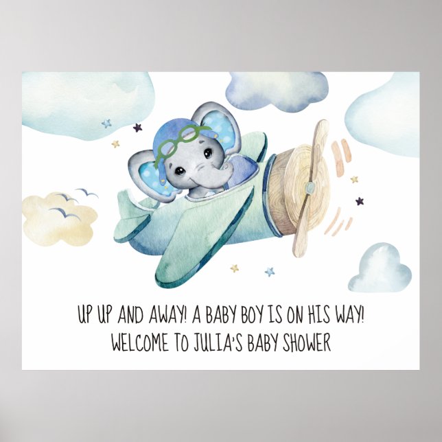 Whimsical Watercolor Elephant Airplane Baby Shower Poster (Front)