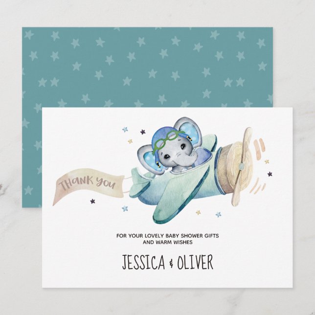 Whimsical Watercolor Elephant Airplane Thank You Invitation (Front/Back)