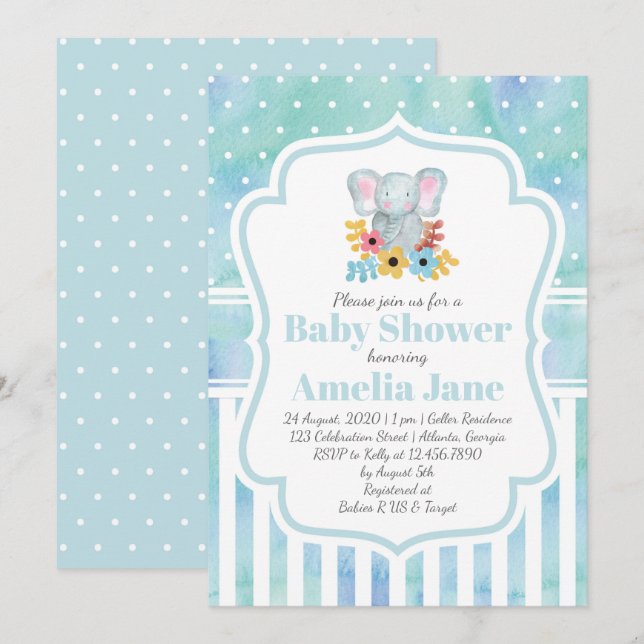 Whimsical Watercolor Elephant Boy Baby Shower Invitation (Front/Back)