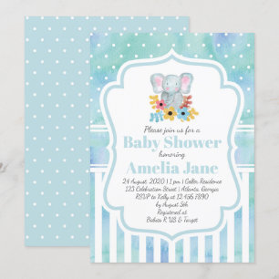 Whimsical Watercolor Elephant Boy Baby Shower Invitation