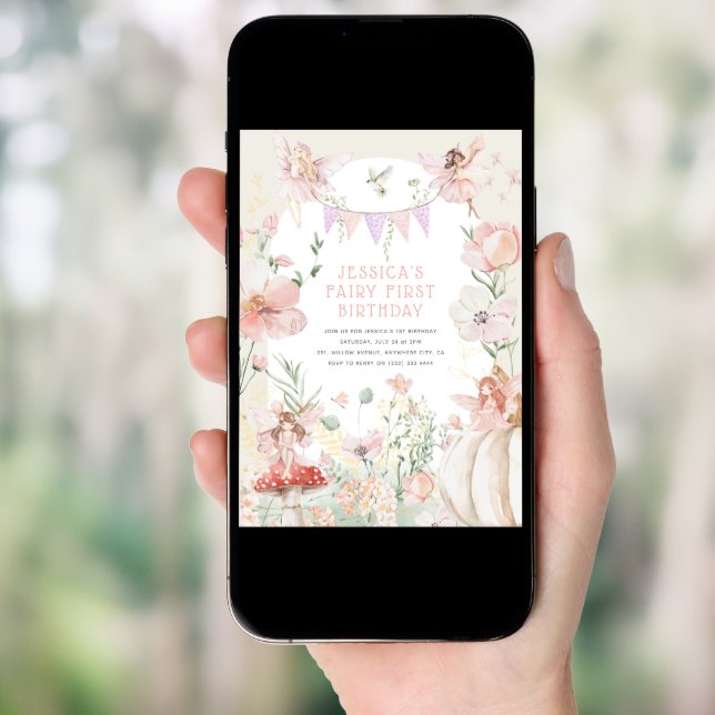 Whimsical Watercolor Fairy 1st Birthday Invitation (Front Digital)