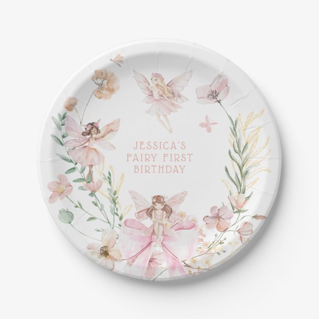 Whimsical Watercolor Fairy 1st Birthday Paper Plates (Front)