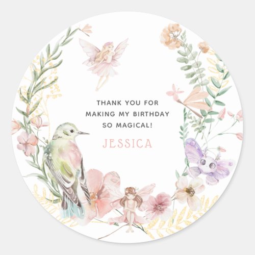 Whimsical Watercolor Fairy Thank You Birthday Classic Round Sticker