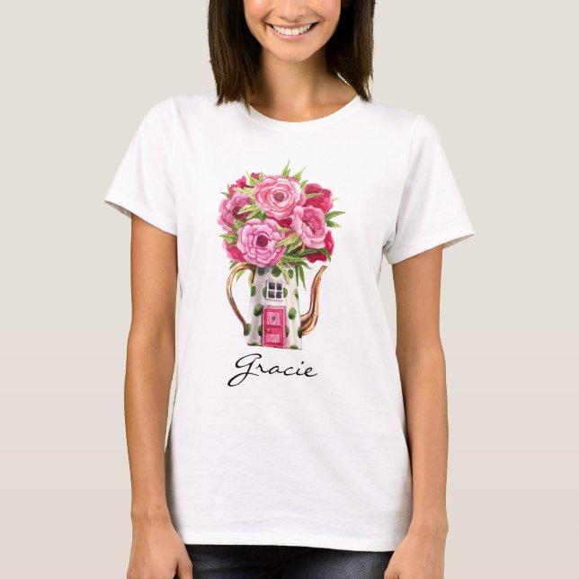 Whimsical Watercolor Fairytale Teapot House T-Shirt (Front)