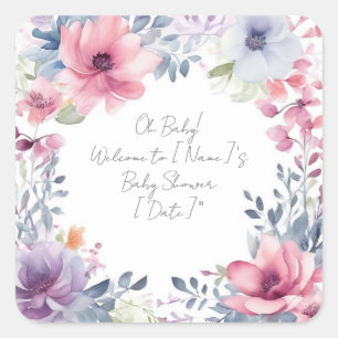 Whimsical Watercolor Floral Baby Shower Oh Baby Square Sticker