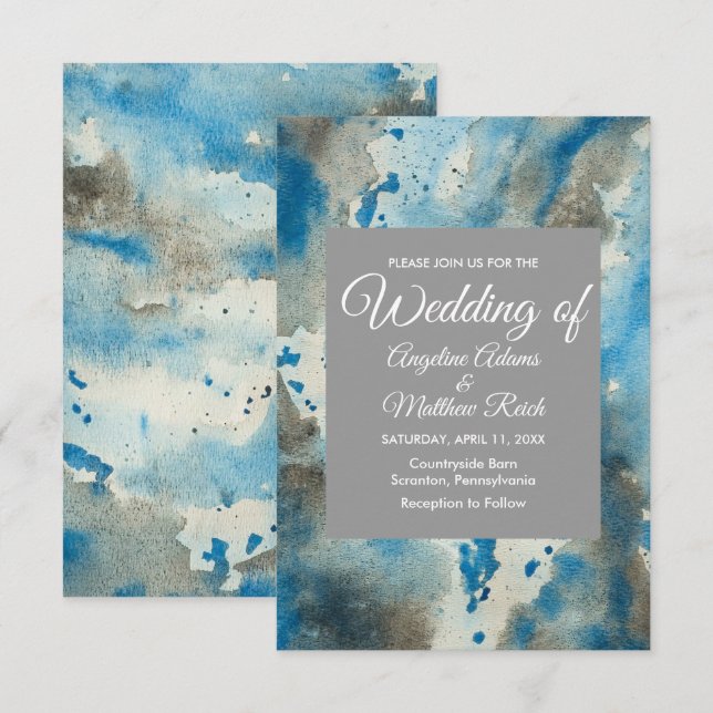 Whimsical Watercolor Floral Blue Modern Invitation (Front/Back)