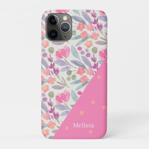 Whimsical Watercolor Floral Dot Pink Personalized iPhone 11 Pro Case