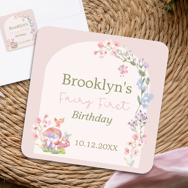 Whimsical Watercolor Floral Fairy First Birthday  Square Sticker (Whimsical Watercolor Floral Fairy First Birthday Square Sticker)