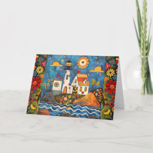 Whimsical Watercolor Floral Light House Blank Card