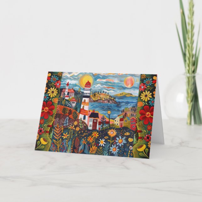 Whimsical Watercolor Floral Light House Blank Card (Front)