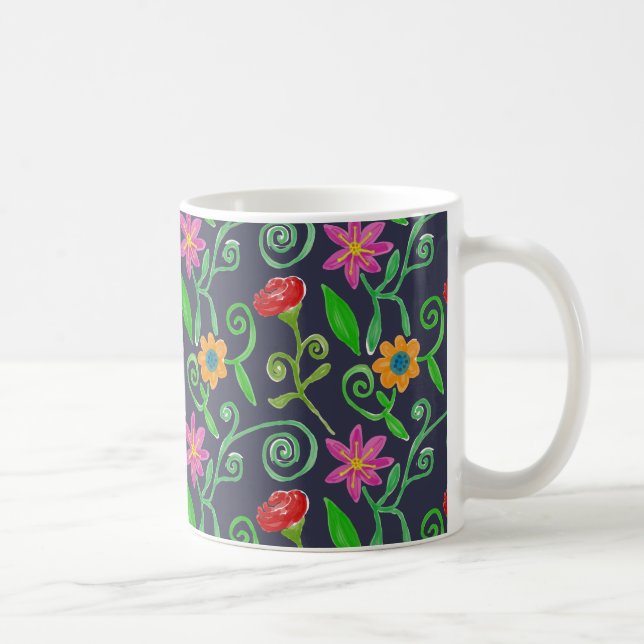 Whimsical Watercolor Floral Navy Blue Coffee Mug (Right)