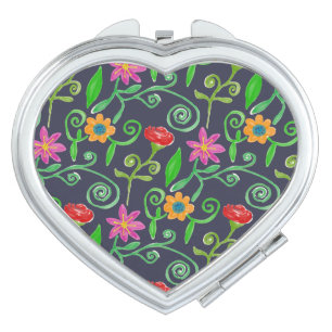 Whimsical Watercolor Floral Navy Blue Compact Mirror