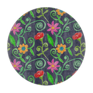 Whimsical Watercolor Floral Navy Blue Cutting Board