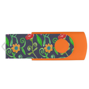 Whimsical Watercolor Floral Navy Blue Flash Drive