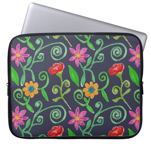 Whimsical Watercolor Floral Navy Blue Laptop Sleeve