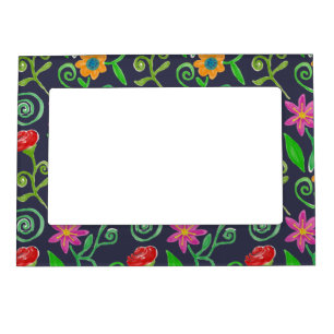 Whimsical Watercolor Floral Navy Blue Magnetic Frame