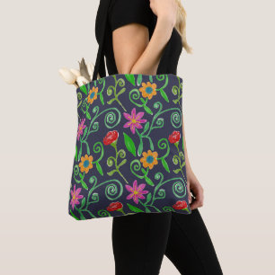 Whimsical Watercolor Floral Navy Blue Tote Bag
