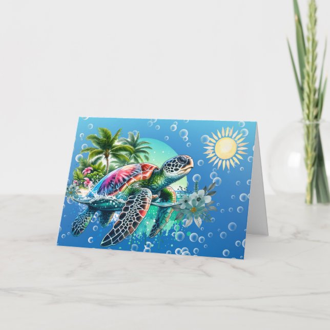 Whimsical Watercolor Floral Sea Turtle Note Card (Front)