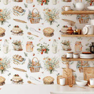 Whimsical Watercolor Floral Strawberry Country Wallpaper