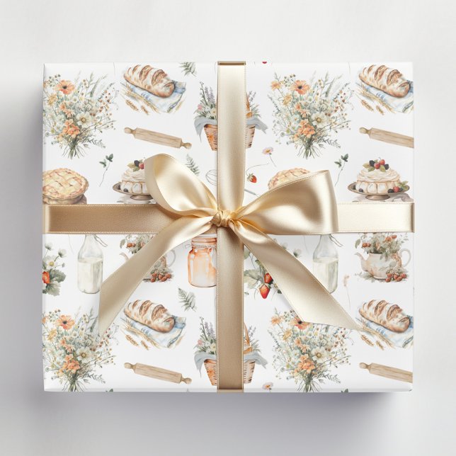 Whimsical Watercolor Floral Strawberry Country Wrapping Paper Sheets (In situ)