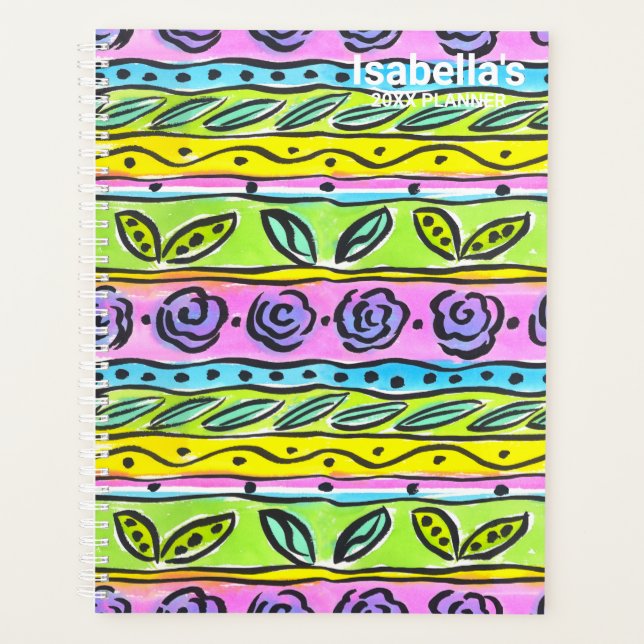 Whimsical Watercolor Floral Stripe Pattern Planner (Front)
