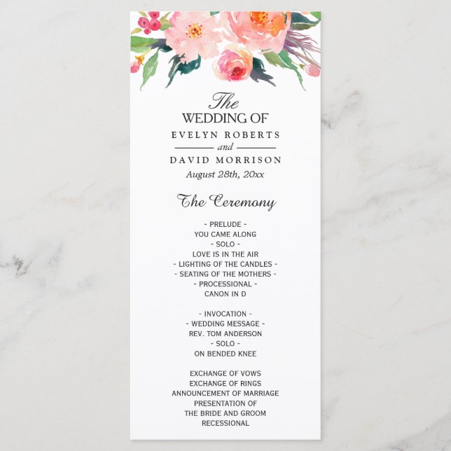 Whimsical Watercolor Floral Wedding Program (Front)