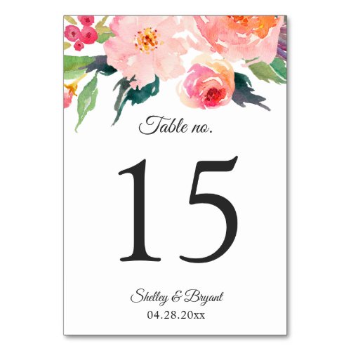 Whimsical Watercolor Floral Wedding Table Number
