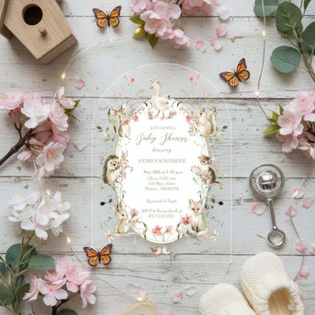 Whimsical Watercolor Floral Woodland Baby Shower Acrylic Invitations (Creator Uploaded)
