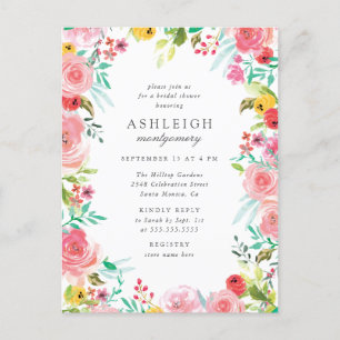 Whimsical Watercolor Floral Wreath Bridal Shower Invitation Postcard