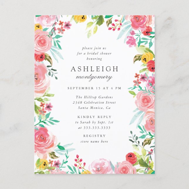 Whimsical Watercolor Floral Wreath Bridal Shower Invitation Postcard (Front)