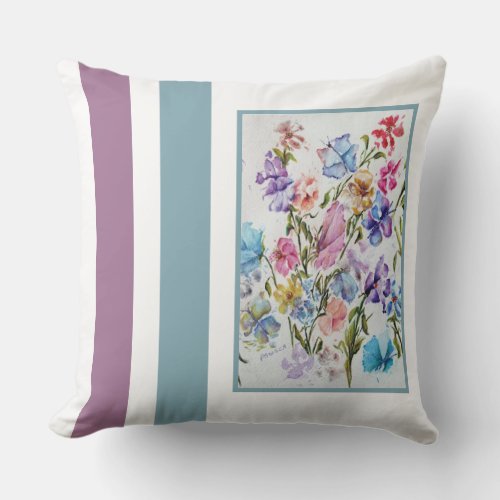 Whimsical Watercolor Flowers and Butterflies Outdoor Pillow