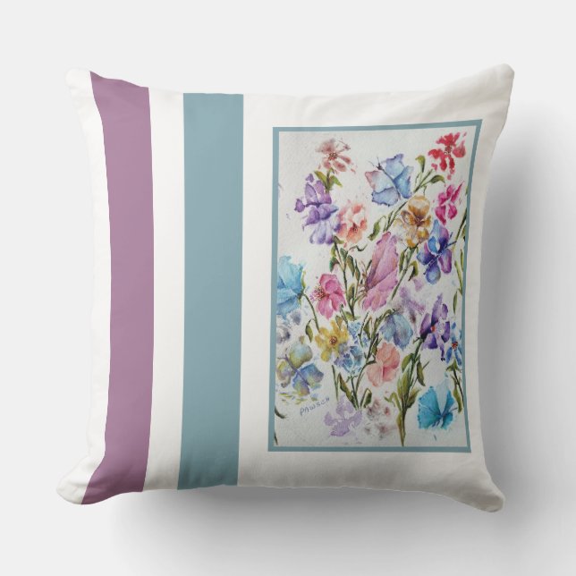 Whimsical Watercolor Flowers and Butterflies Outdoor Pillow (Front)