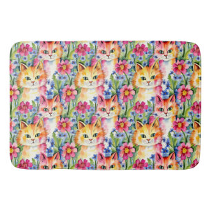 Whimsical Watercolor Flowers and Cats Colorful Bath Mat