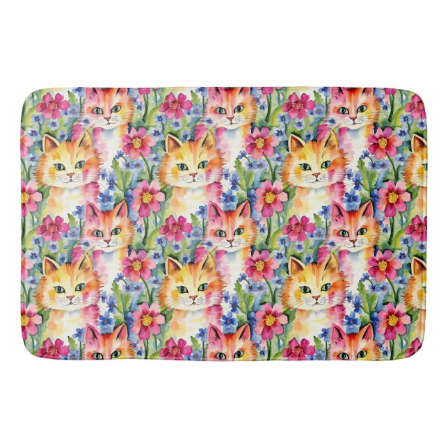 Whimsical Watercolor Flowers and Cats Colorful Bath Mat (Front)