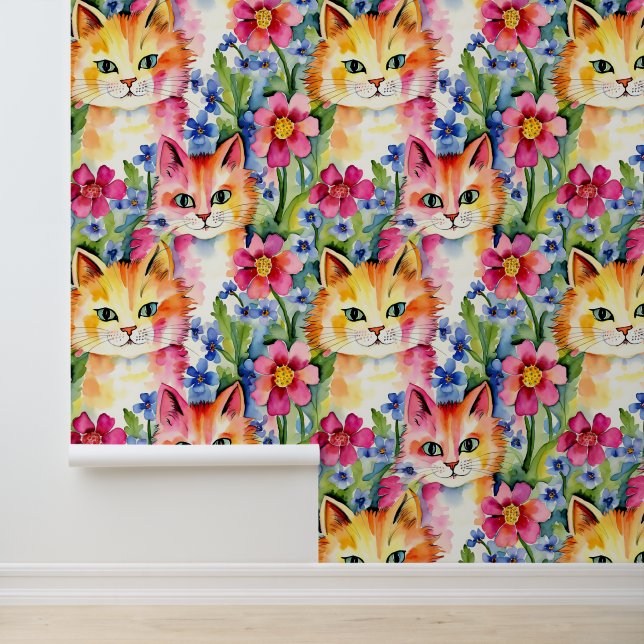 Whimsical Watercolor Flowers and Cats Colorful Wallpaper (Application)