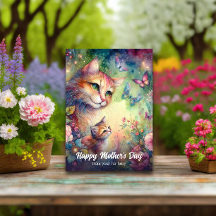 Whimsical Watercolor Flowers Cat Mom Mother's Day Card
